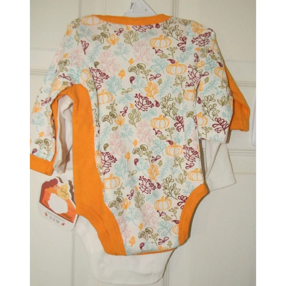 Baby Kiss 3 Bodysuits Fall Thanksgiving Autumn Pumpkin Orange 0-3M NWT